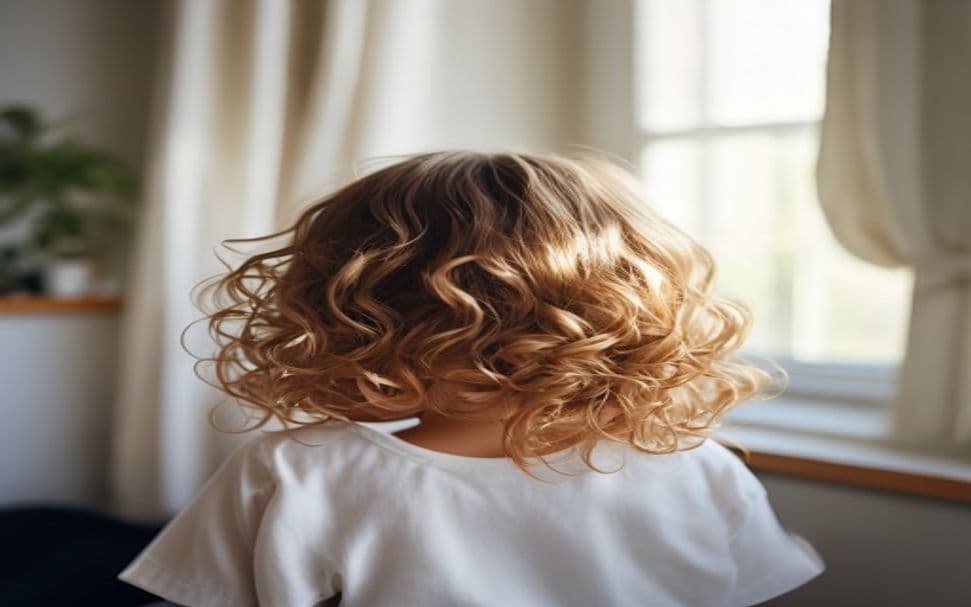 Criança com cabelo cacheado saudável sendo cuidado com produtos específicos para cachos infantis